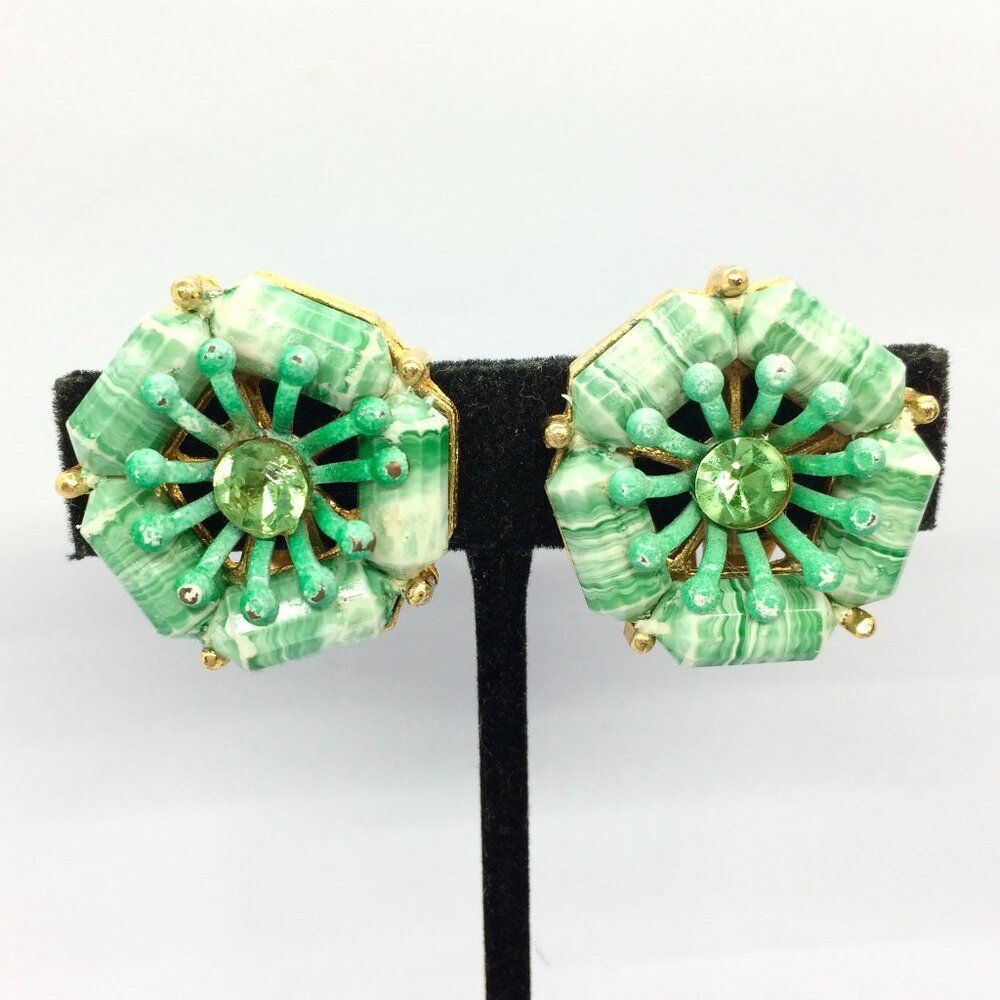 Vintage Flower Earrings Gold Tone UV Reactive Glow Rhinestone Spring